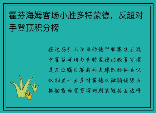 霍芬海姆客场小胜多特蒙德，反超对手登顶积分榜